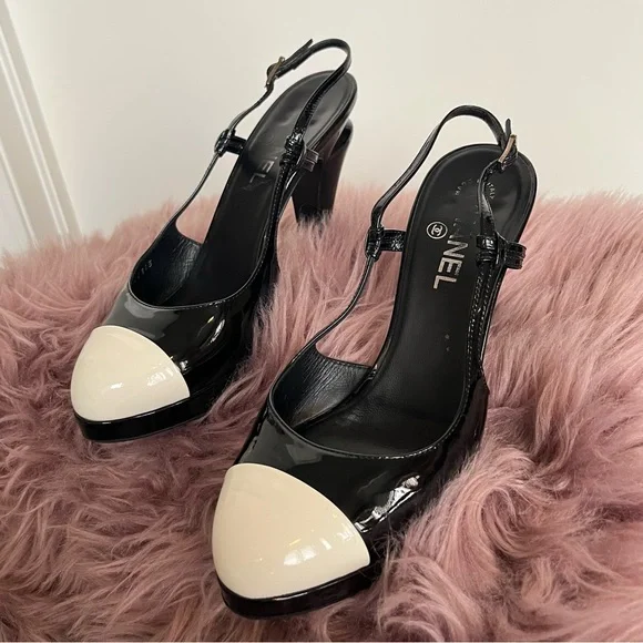 Chanel black patent leather with white cap toe Slingback pumps - Picture 10 of 15